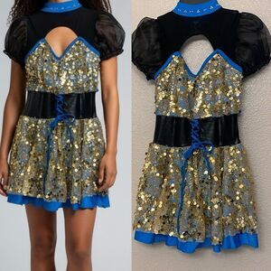 Glamour solo dance costume blue faux lace up sequin dress XLC child SA NWT